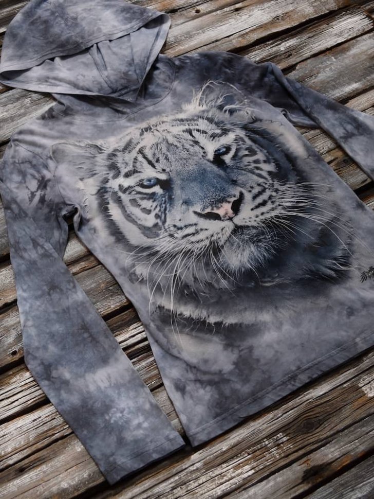 Тотальная 2-х сторонняя футболка Krasar с длинным рукавом и капюшоном - Тигр