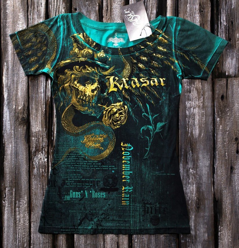 Женская двусторонняя футболка Krasar с фольгой - Золотая роза (зеленая)