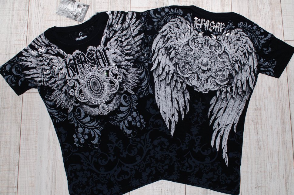 Женская двусторонняя футболка Krasar с фольгой - Черный ангел (стразы)