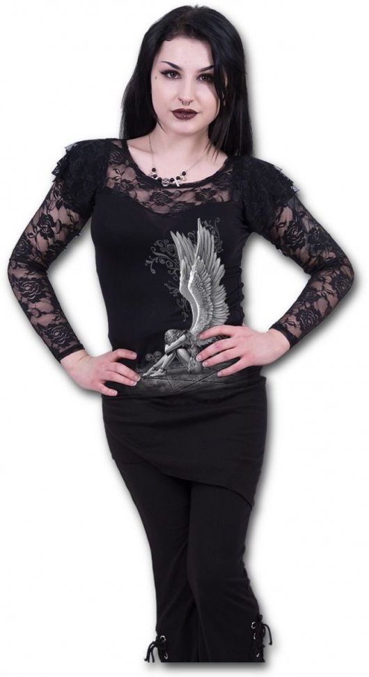 Женский топ с длинным рукавом - ENSLAVED ANGEL - Lace Layered Long Sleeve Top Black