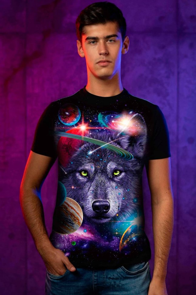 Светящаяся футболка Волк Космос